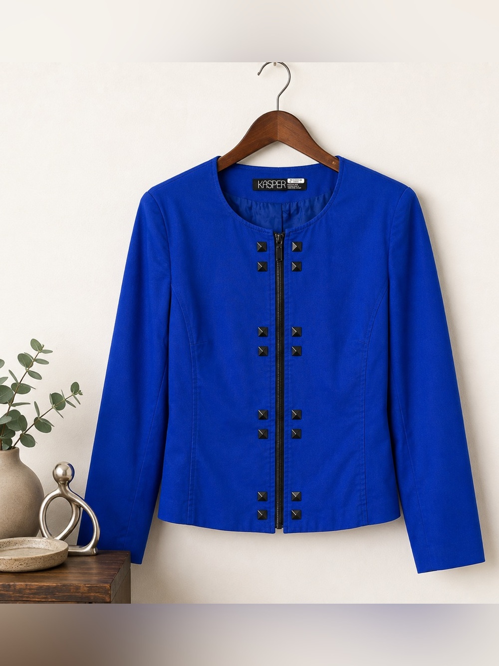 Vintage 90s Kasper Cobalt Blue Zip Front Studded Blazer Jacket L